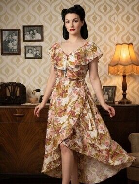 Retrofit Floral High-Low Wrap Dress in Pink and Cream